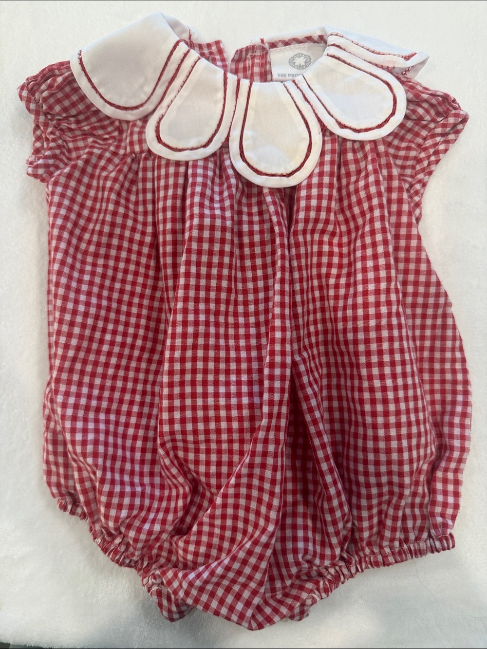 The Proper Peony Red Gingham Baby Bubble Romper with White Tulip Petal Collar